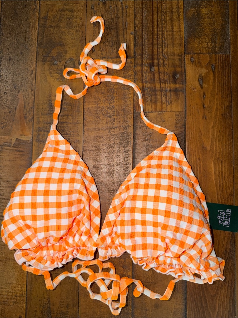 wild fable Orange and White Gingham Ruffle Triangle Bikini Top